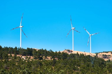 Rüzgar jeneratörleri parkı ve tepenin yamacındaki elektrik hattı.