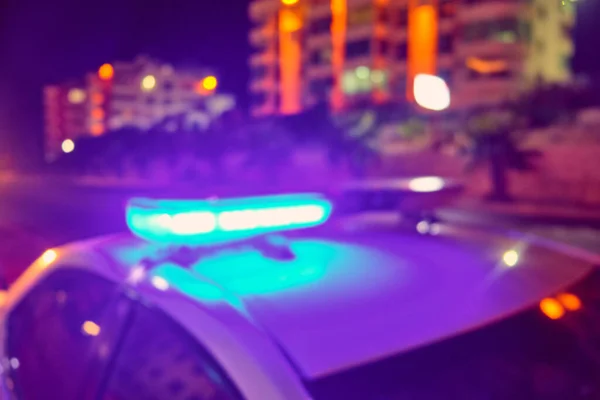 Coche Policía Luces Intermitentes Noche Borrosa Desenfocado — Foto de Stock