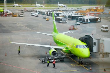 S7 Havayolları 'nın orijinal renkli uçağı havaalanında. Domodedovo Havaalanı, Rusya - Ağustos 2020. 