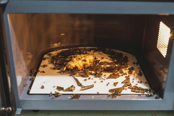 Unsuccessful heating of food. Small pieces of glassware lie in the microwave after a strong heatin