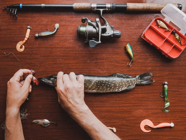 Catch Gear Brown Table Pike Spinning Lures Catching Predatory Fish — Stock Photo, Image