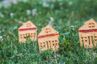 inanılmaz şirin bir evi. Küçük bir ev şeklinde üç kurabiye yeşil çayır kapat-u üzerinde durmak