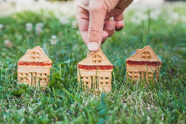 fabulous sweet house. Three cookies in the form of a house stand on a green meadow close-up. The hand of man puts one hous