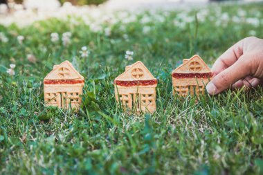 inanılmaz şirin bir evi. Bir ev şeklinde üç çerezleri üzerinde yeşil çayır yakın dur. Adamın elini koyar bir hous