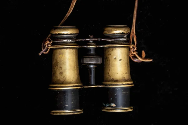 Vintage Metal Binoculars Leather Strap Black Backgroun — Stock Photo, Image