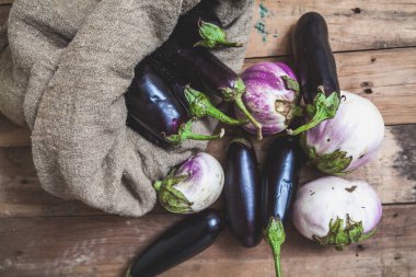 rendelenmiş kurullarında mavi patlıcan yalanlarla tuval çanta. Yakındaki yalan ışık Lila patlıcan bumb