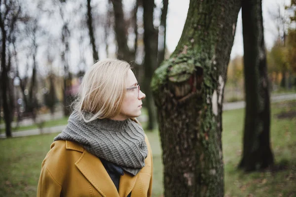 Portrait Young Woman Glasses Long Blond Hair Yellow Coat Autumn — Stock Photo, Image