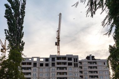 Vinç bir bulutlu gökyüzü karşı uzun bir çok katlı ev inşa. Nea iki büyük kuşlar uçuyor
