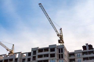 Vinç bir bulutlu gökyüzü karşı uzun bir çok katlı ev inşa. Nea iki büyük kuşlar uçuyor