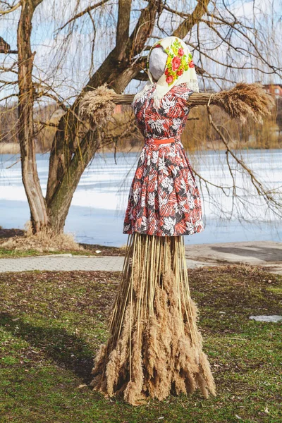 Slavic holiday of the end of winter. A large Shrovetide doll made of straw in a woman\'s dress and scarf stands on the river bank. In the background a willow tree without leave