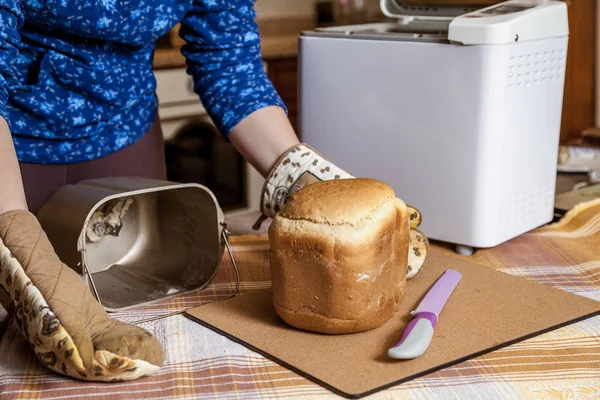 Womans hands in oven mitts pull fresh bread from the mold for baking bread electric bread maker