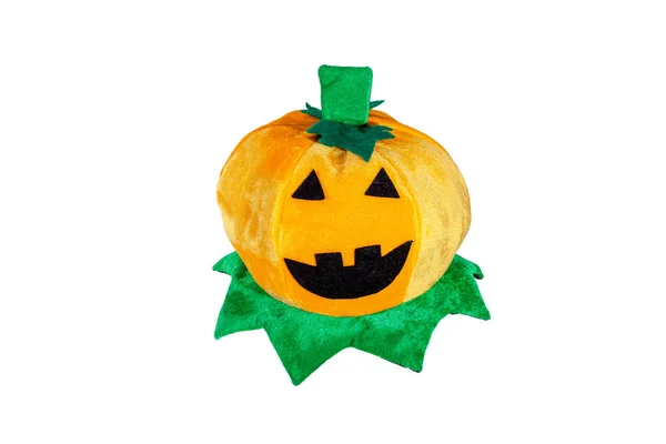 Pumpkin on the head. Hat in the form of a pumpkin for the Halloween holiday on a white background