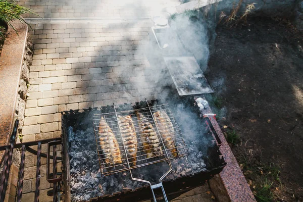 四个鲭鱼 有一个钢制烤架 在烤架上用白煤烤 — 图库照片