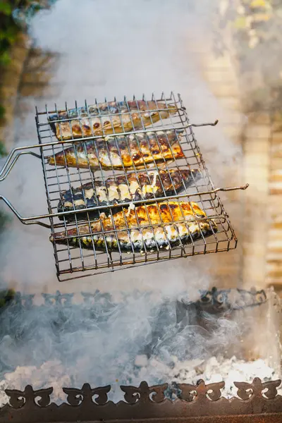 Риба Грилі Mackerel Сталевій Решітці Крутиться Над Бюстгальтером — стокове фото