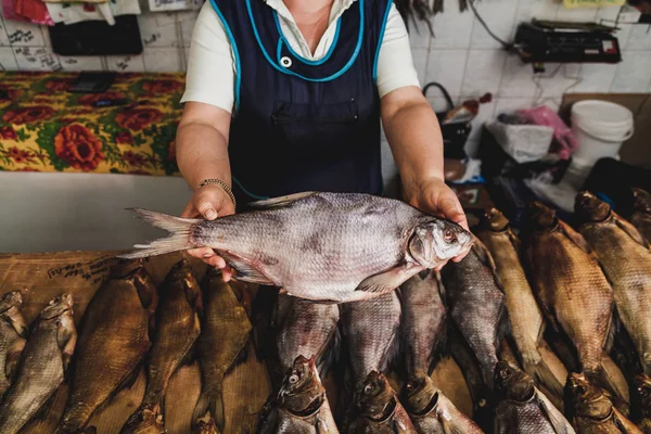 Série Peixes Bazar Vendedora Segura Uma Grande Sargo Seco Sobre — Fotografia de Stock