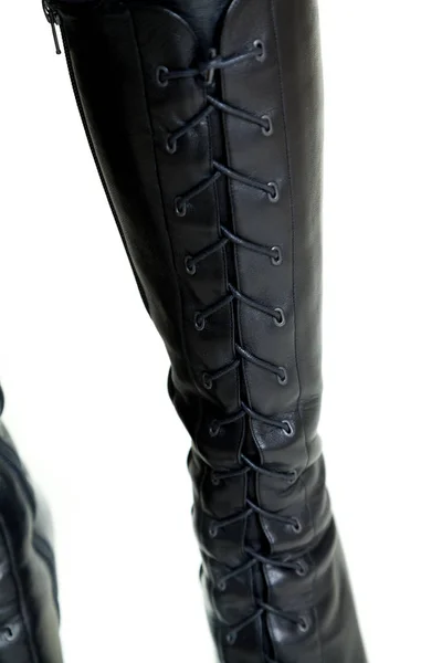Fashionable Elegant Female Black Leather Boot High Lacing White Background — Stock Photo, Image