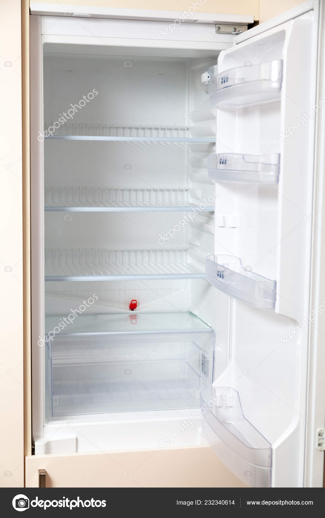 Modern Refrigerator Open Door Empty Shelve Stock Photo