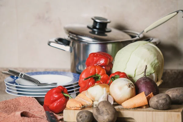 Set Ingredienti Cottura Borsch Pentole Ciotola — Foto Stock