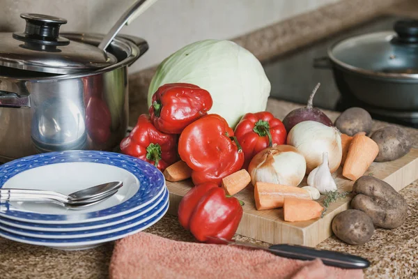 borsch, tencere ve kase yemek pişirmek için maddeler kümesi