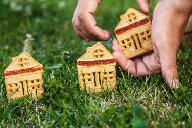 Çerezler küçük ev şeklinde yeşil çimenlerin üzerinde durmak