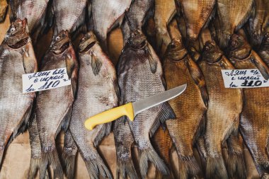 Birkaç kurutulmuş çipura balık tezgaha yalan söylüyorsun