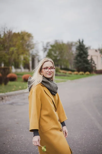 Schattige blonde is wandelen in herfst Park — Stockfoto