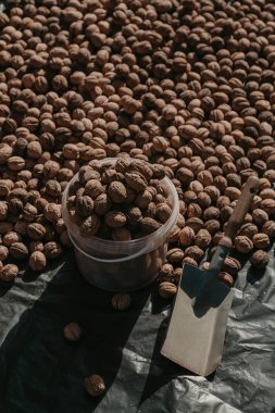 Ceviz ve spatula siyah arka plan üzerinde yalan