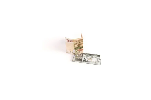 Paper bill and mousetrap on white background — Stock Photo, Image