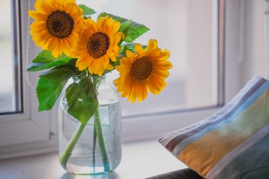 Sarı ayçiçeği buketi pencere üzerinde