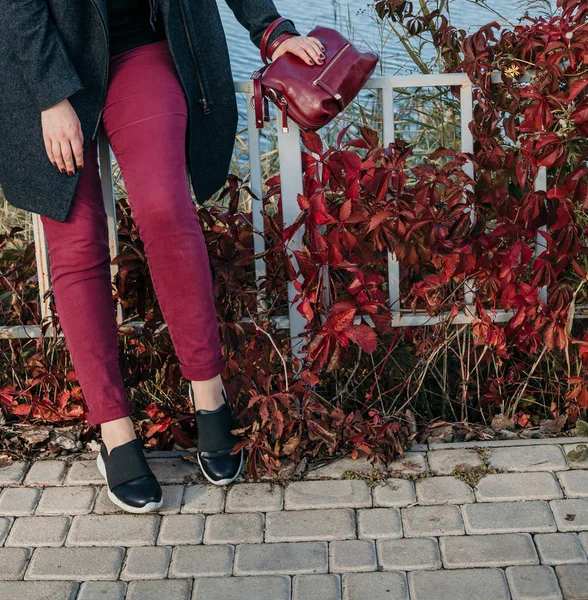 Red trousers and red leaves of plants — Stock Photo, Image