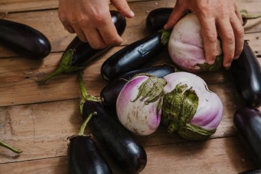 Çiftçi eller ahşap tahtalar üzerinde birkaç patlıcan almak