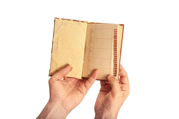 Mãos Homem Abrem Caderno Com Índice Com Folhas Papo Grosso — Fotografia de Stock