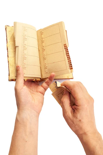 Left Hand Man Holds Open Book Alphabetical Index Right Hand — Stock Photo, Image