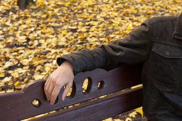 Man Hand Jacket Lies Top Back Bench Autumn Park Fallen — Stock Photo, Image