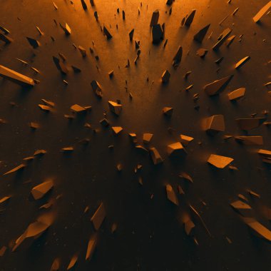 Etrafa dikenli döküntüler saçılmış beton zemin. Altın saat ışığı. Geniş açılı çekim. 3B illüstrasyon