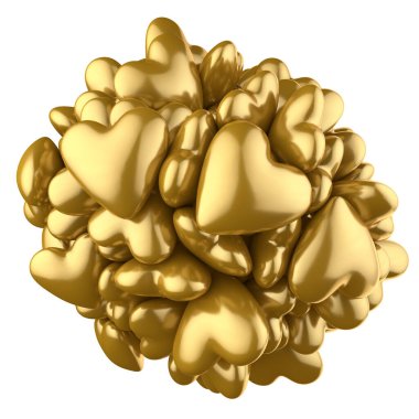 Merkezde birçok altın kalp birbirini çeker. İzole edilmiş 3B görüntüleme