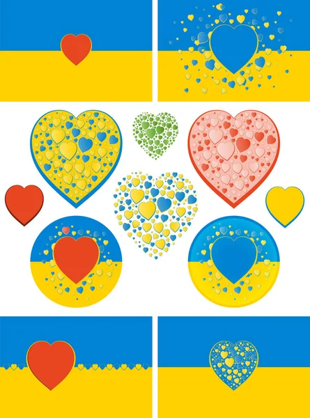 Ukrayna Bayrağı Kalp Varyasyonlarıyla Yeşil Kırmızı Iki Renkli Mavi Sarı — Stok Vektör