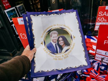 LONDON, UNITED KINGDOM - MAY 18, 2018: Souvenir shops selling memorabilia royal wedding celebration to take place May 19 at Windsor Castle Meghan Markel Prince harry clipart