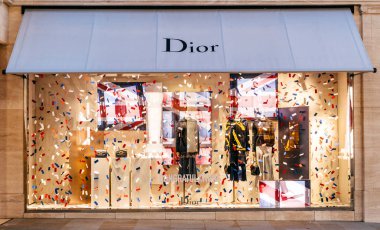 LONDON, UNITED KINGDOM - MAY 18, 2018: Congratulation message from Christian Dior fashion boutique to  HRH Prince Harry of Wales KCVO and Ms Meghan Markle flagship store on Regent street for Royal Wedding  clipart