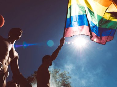 Strasbourg, Fransa - 10 Haziran 2017: Sinematik güzel adam gay gurur Fransa, bayrak sallayarak silüeti