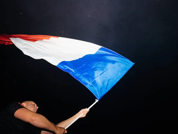 Strasburg Francja Lipca 2018 Francuski Wavbing Flaga Zwycięstwo Francji Zakwalifikować — Zdjęcie stockowe