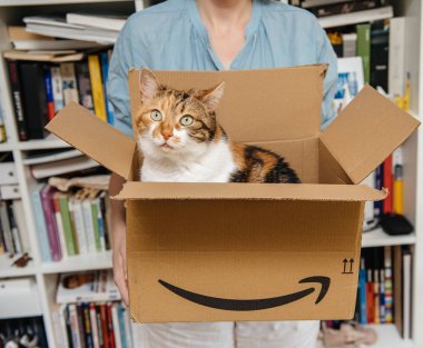 Kadın kedi teslim tarafından Amazon Prime karton unboxing unboxing
