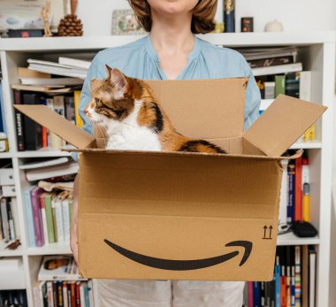 Woman cat unboxing delivery by Amazon Prime surprise  clipart