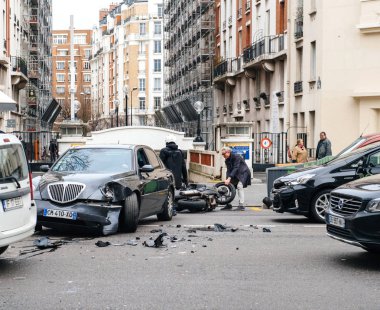 PARIS, FRANCE - JAN 30, 2018: Car accident on Paris street on rue de Courcelles
