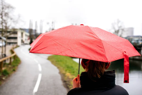 Mulher com guarda-chuva visão traseira na estrada solitária — Fotografia de Stock