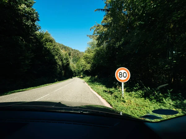 New French 80Kmph Speed Limit Sing Seen Public Road Forest — Stock Photo, Image