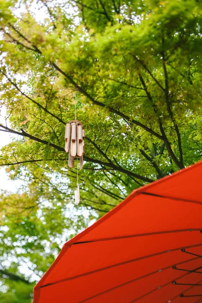 Japanese Wind Chimes Wooden Bamboo Bells Handed Tree Japanese Garden — Stock Photo, Image