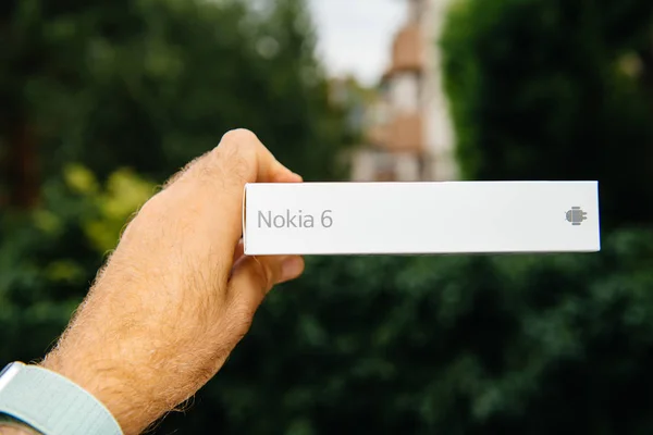 Paris France Aug 2018 Man Hand Holding New Box Nokia — Stock Photo, Image