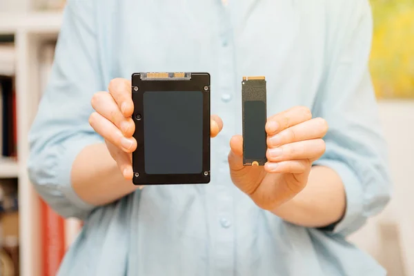 Woman Hands Holding New Nvme Pcie Ssd Hard Drive Disk — Stock Photo, Image