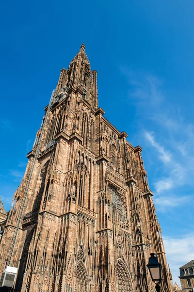 Notre Dame Strasbourg Katedralutsikt Underifrån Med Vidvinkelobjektiv Mot Klar Blå — Stockfoto